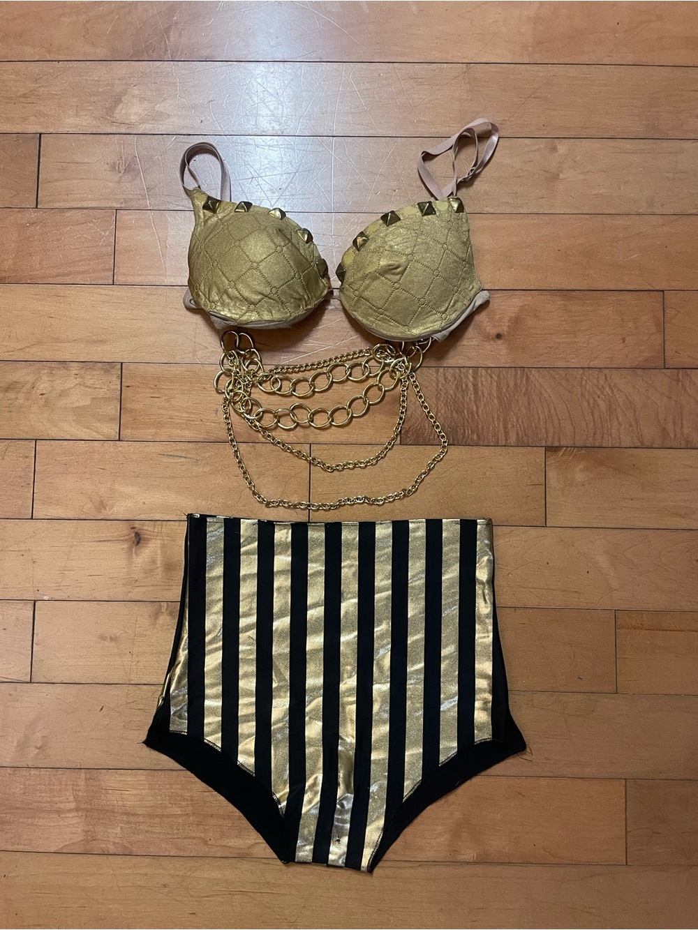 Gold Studded Bra & Striped High-Waist short Set festival rave